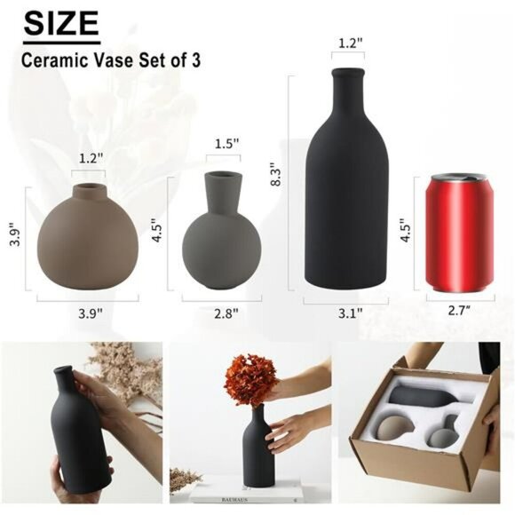 Ceramic Vase Set of 3 Rustic Farmhouse Home Decor for Flowers or Pampas Grass - Picture 3 of 7